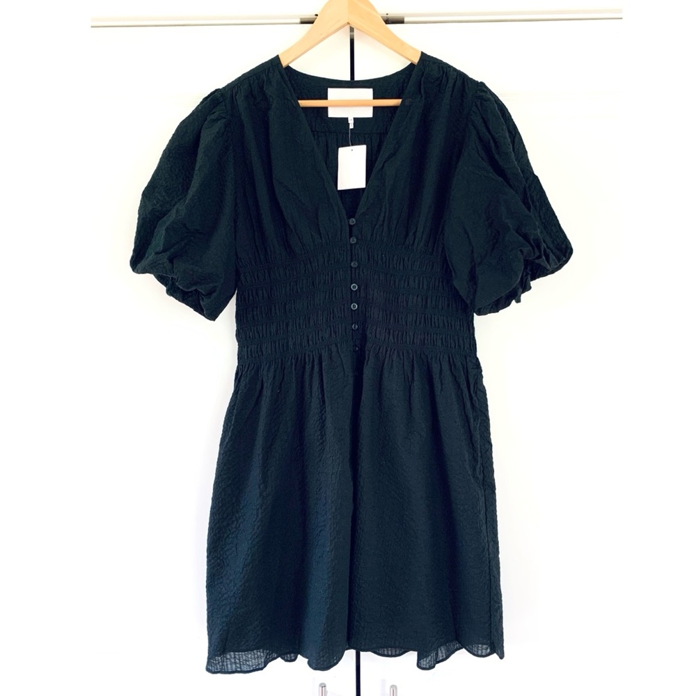 Women's Black Puff Sleeve Smocked Waist Dress